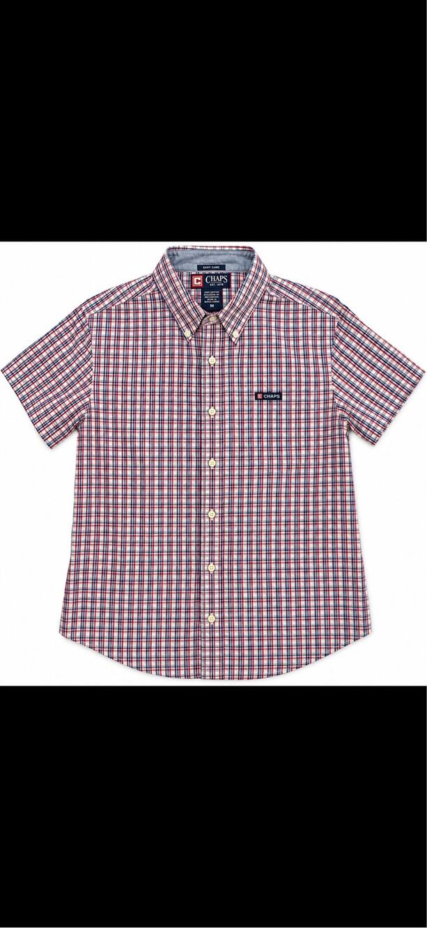 Chaps Men’s Medium Short Sleeve Button Down Shirt Red Blue Plaid Easy Care